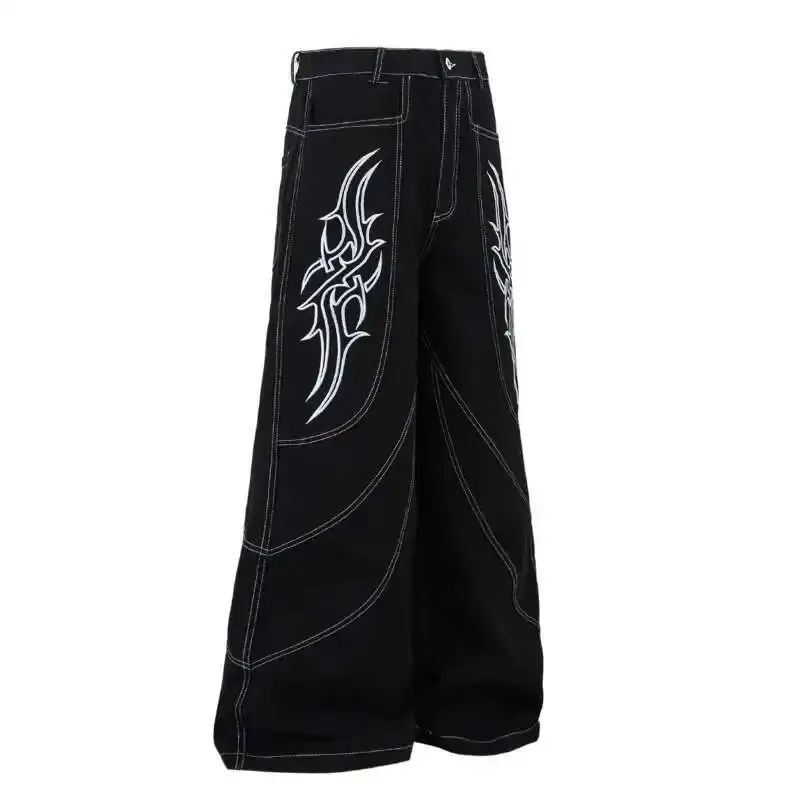 Straight Denim Dragging Long Pants Tide American Retro High Street Design Embroidery Straight Vintage Jeans Casual Baggy Jeans