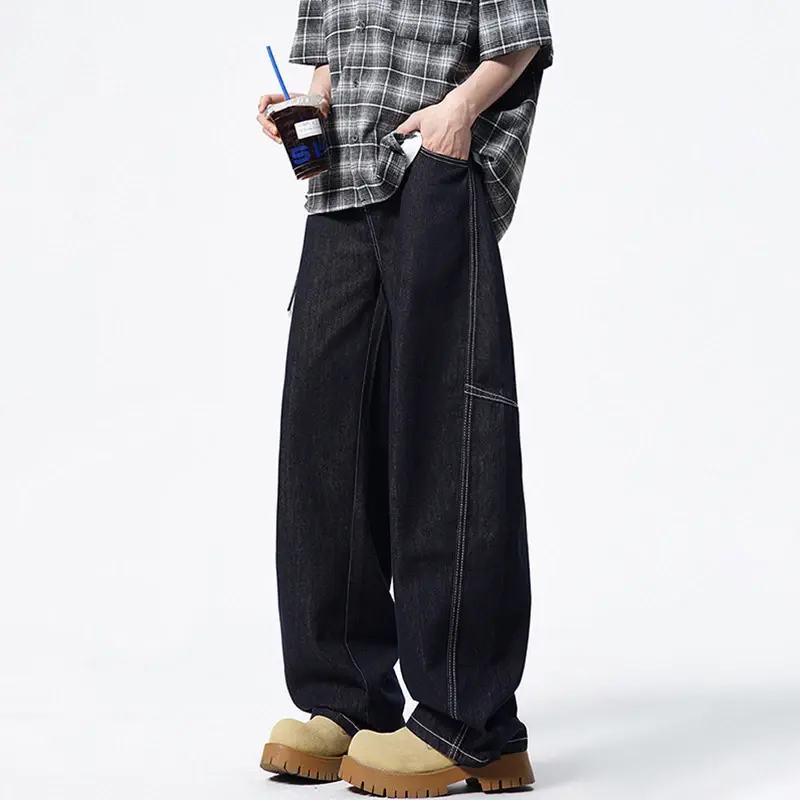 Men's Denim Pants Deep Blue Wide Leg Curved Jeans American Versatile Loose Casual Trousers Summer Men Clothing White Men Pants