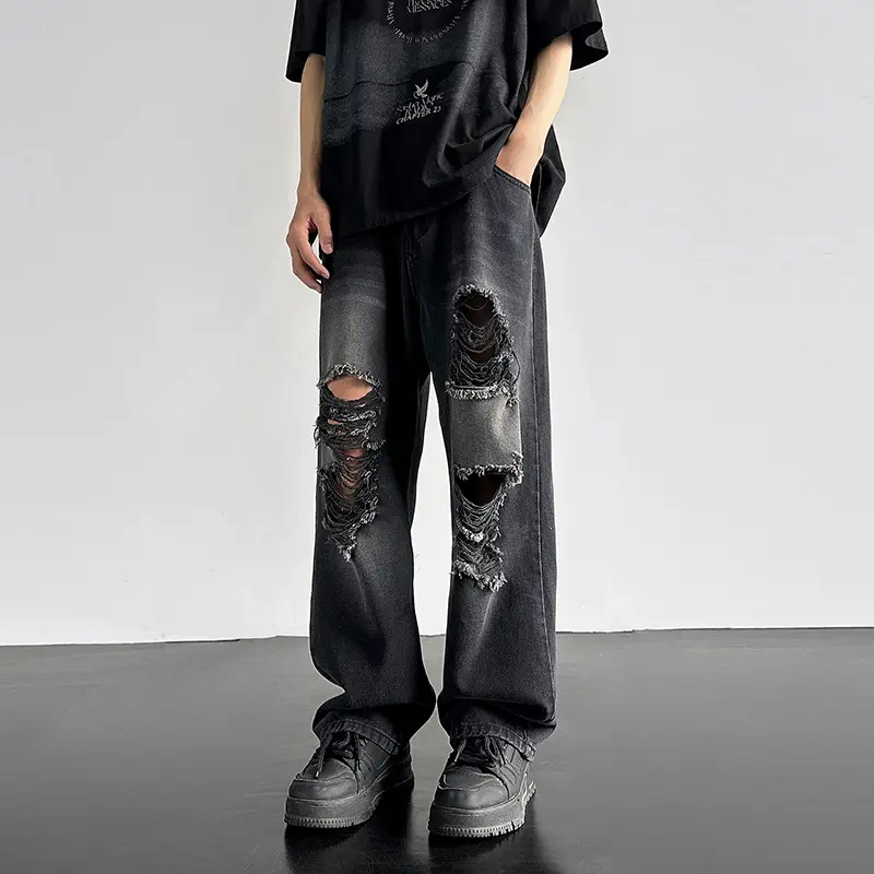 Spring Summer Retro Washed Ripped Beggar Jeans Couple Straight Causal Loose Raw Edge Floor Mopping Trousers Male Clothes
