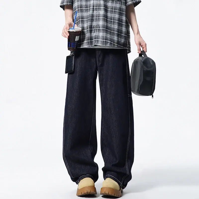 Men's Denim Pants Deep Blue Wide Leg Curved Jeans American Versatile Loose Casual Trousers Summer Men Clothing White Men Pants