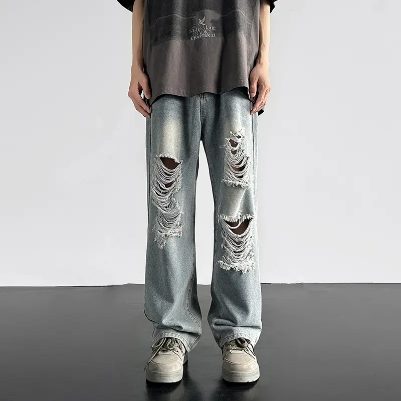 Spring Summer Retro Washed Ripped Beggar Jeans Couple Straight Causal Loose Raw Edge Floor Mopping Trousers Male Clothes