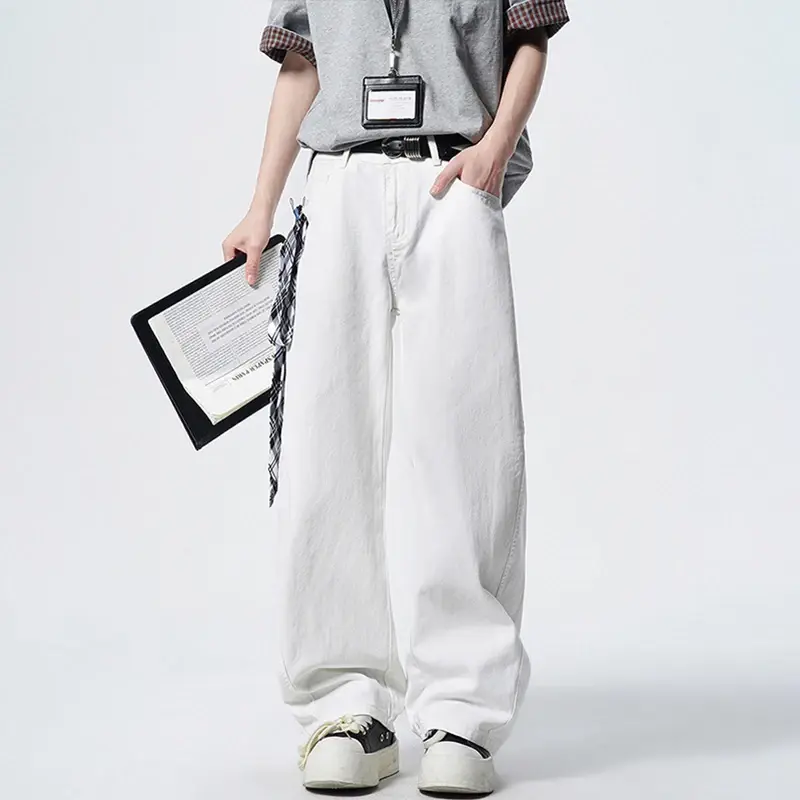 Men's Denim Pants Deep Blue Wide Leg Curved Jeans American Versatile Loose Casual Trousers Summer Men Clothing White Men Pants