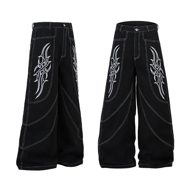 Straight Denim Dragging Long Pants Tide American Retro High Street Design Embroidery Straight Vintage Jeans Casual Baggy Jeans