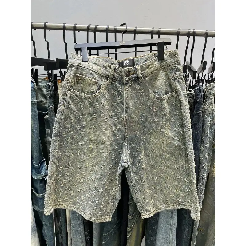 Men Denim Shorts Smart Straight Leg Loosen Male High Street Niche Design Tide Shorts Fashion Casual Summer Light Blue Distressed