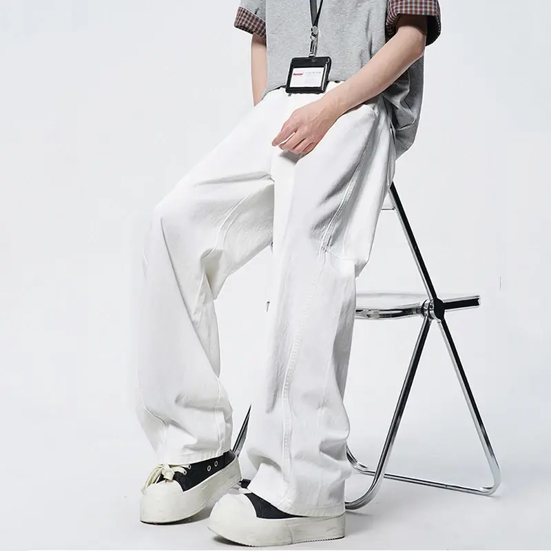Men's Denim Pants Deep Blue Wide Leg Curved Jeans American Versatile Loose Casual Trousers Summer Men Clothing White Men Pants