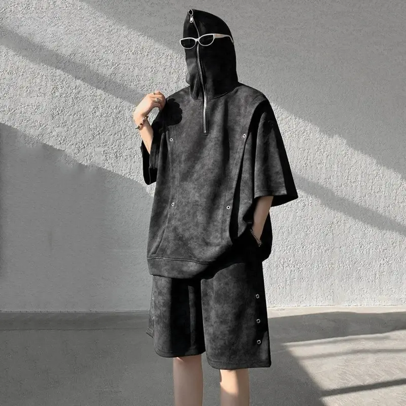 Niche Design Men's Two-piece Hooded Zipper Deconstruction Tie Dye Short Sleeve T-shirts Straight Wide Leg Shorts Tracksuit Men