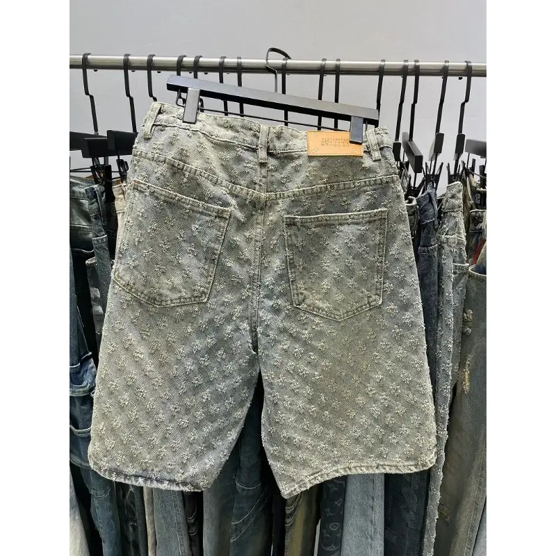 Men Denim Shorts Smart Straight Leg Loosen Male High Street Niche Design Tide Shorts Fashion Casual Summer Light Blue Distressed