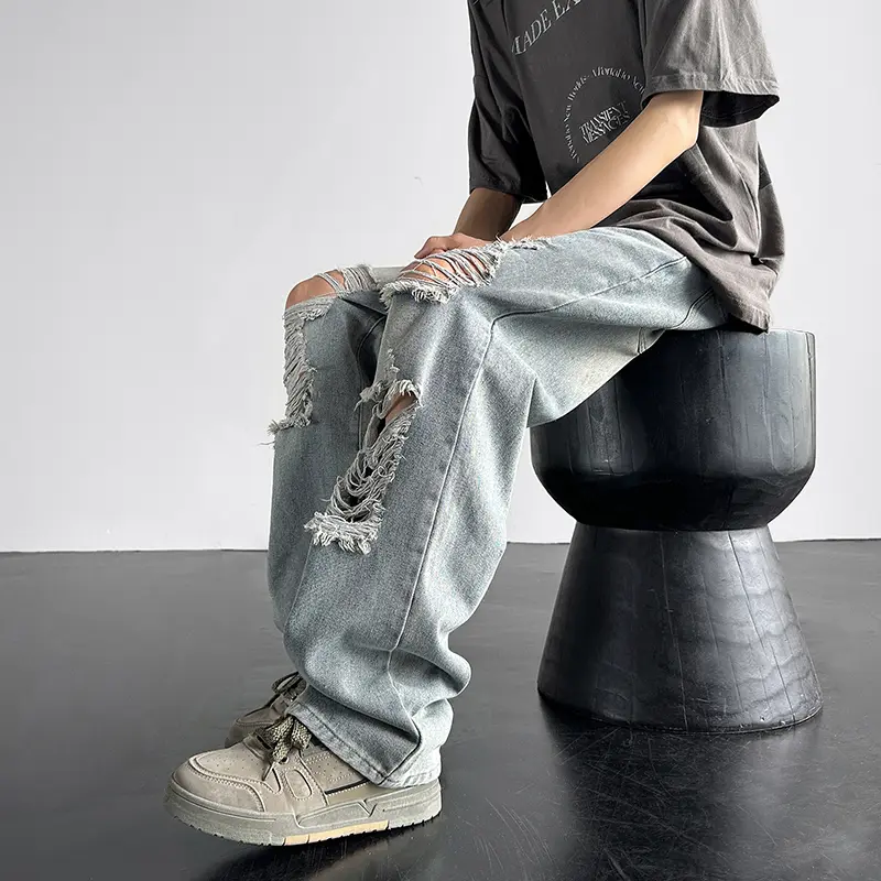 Spring Summer Retro Washed Ripped Beggar Jeans Couple Straight Causal Loose Raw Edge Floor Mopping Trousers Male Clothes