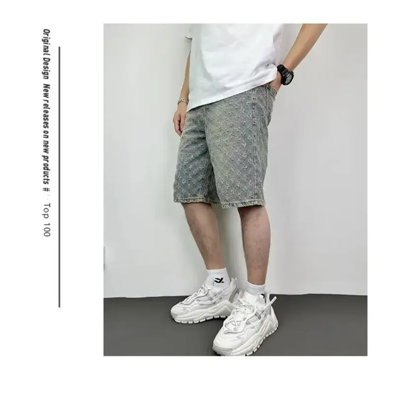 Men Denim Shorts Smart Straight Leg Loosen Male High Street Niche Design Tide Shorts Fashion Casual Summer Light Blue Distressed