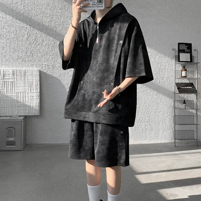 Niche Design Men's Two-piece Hooded Zipper Deconstruction Tie Dye Short Sleeve T-shirts Straight Wide Leg Shorts Tracksuit Men