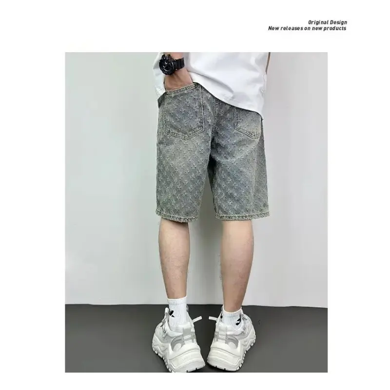 Men Denim Shorts Smart Straight Leg Loosen Male High Street Niche Design Tide Shorts Fashion Casual Summer Light Blue Distressed