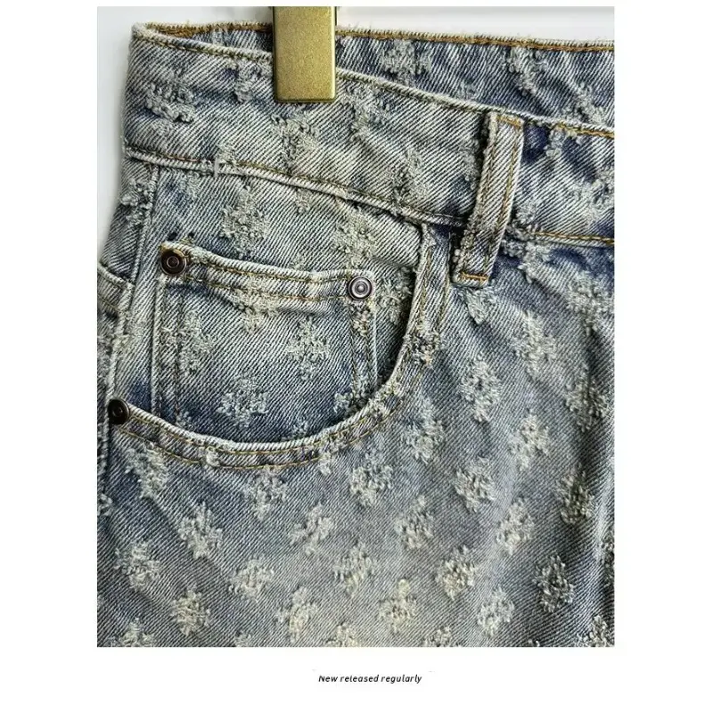 Men Denim Shorts Smart Straight Leg Loosen Male High Street Niche Design Tide Shorts Fashion Casual Summer Light Blue Distressed