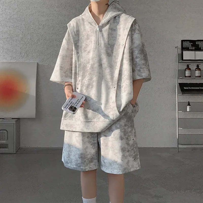 Niche Design Men's Two-piece Hooded Zipper Deconstruction Tie Dye Short Sleeve T-shirts Straight Wide Leg Shorts Tracksuit Men
