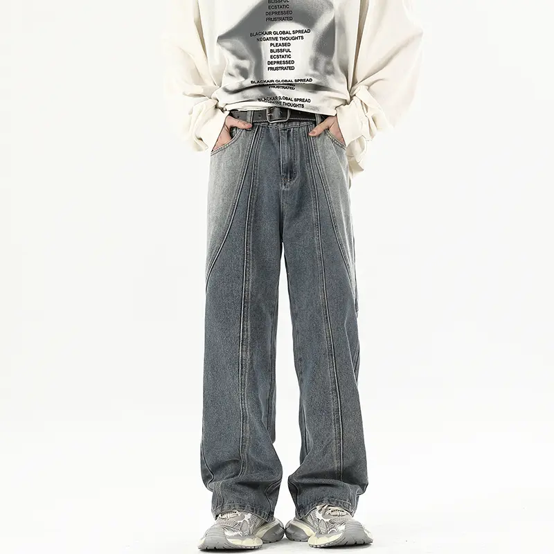 Male Retro Wide Leg Jeans High Street Distressed Work Clothes Floor Long Pants High Elasticity Wide Leg Business Pants Male