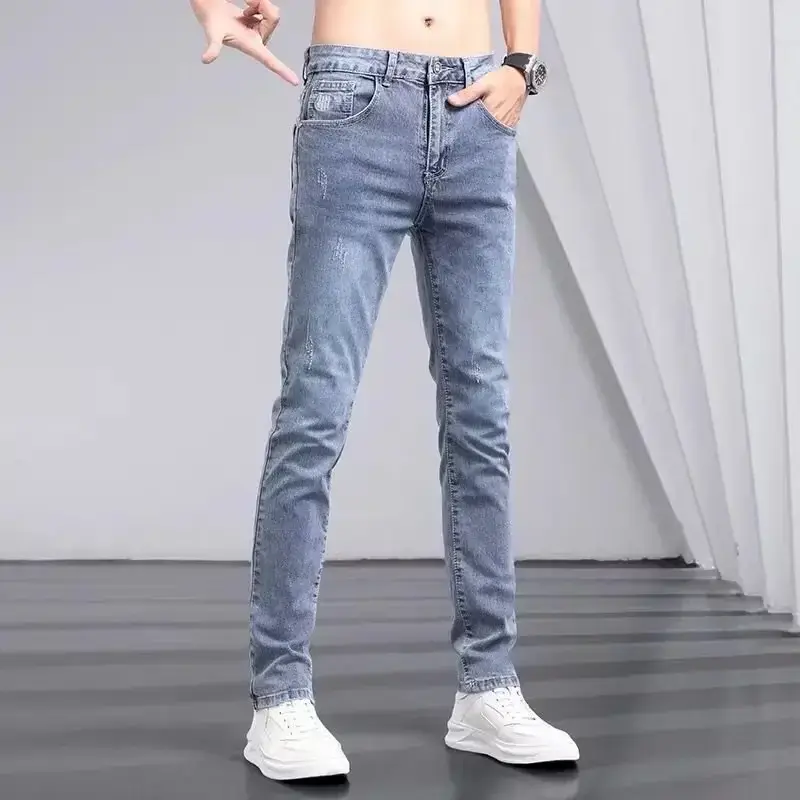 Mens Jeans Slim Elastic Style Korean Trendy Versatile Small Foot Pants Casual Loose Jeans Ripped Jeans Y2k Men Jeans Baggy Pants