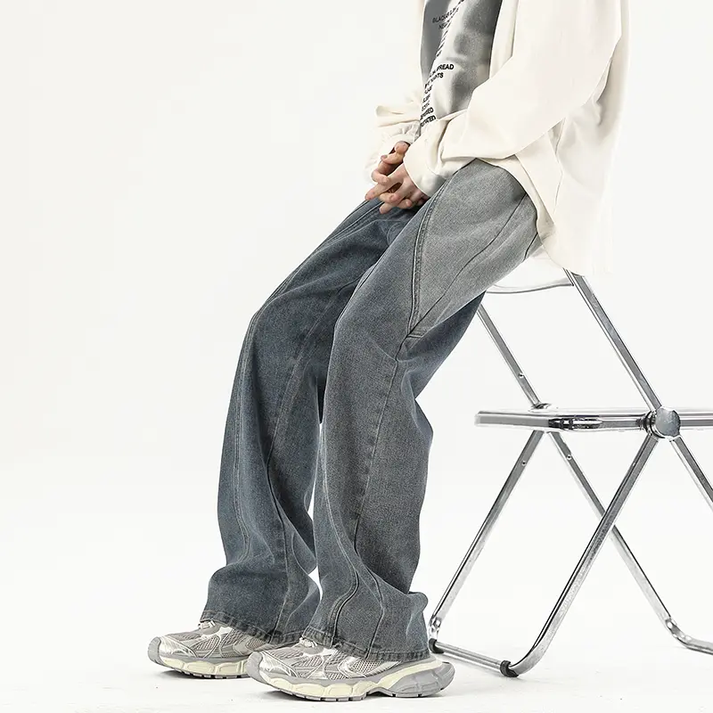Male Retro Wide Leg Jeans High Street Distressed Work Clothes Floor Long Pants High Elasticity Wide Leg Business Pants Male