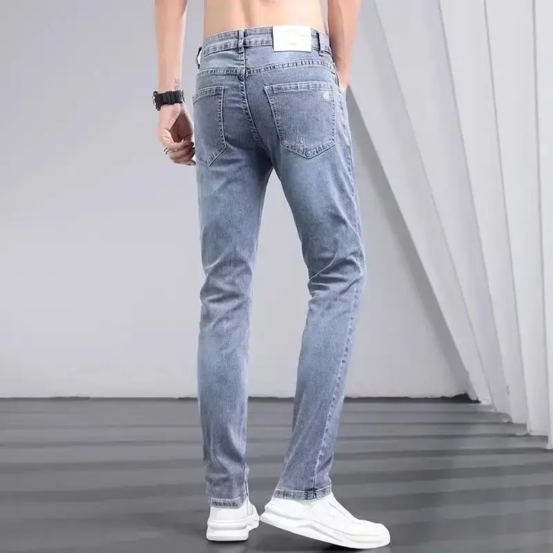 Mens Jeans Slim Elastic Style Korean Trendy Versatile Small Foot Pants Casual Loose Jeans Ripped Jeans Y2k Men Jeans Baggy Pants