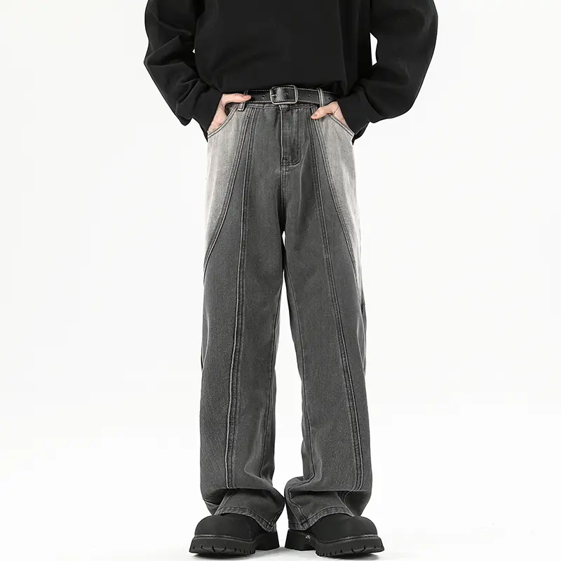 Male Retro Wide Leg Jeans High Street Distressed Work Clothes Floor Long Pants High Elasticity Wide Leg Business Pants Male