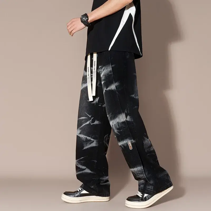 Loose Straight Cargo Jeans Men's New Stretch Waist Retro Blue Black Smoke Gray Jeans Fashion High Street Men's Pants 8XL-M