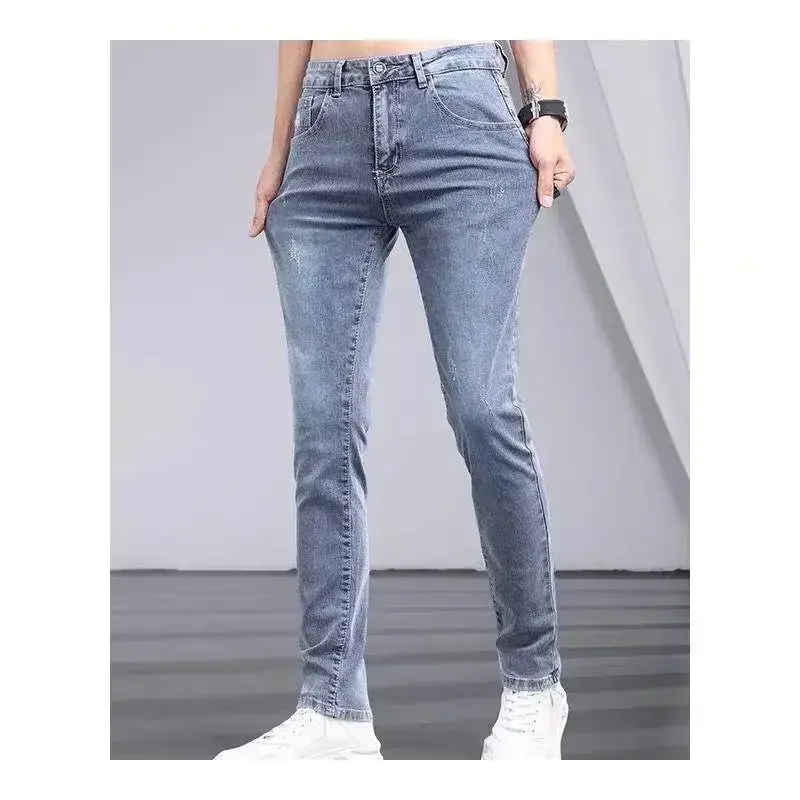 Mens Jeans Slim Elastic Style Korean Trendy Versatile Small Foot Pants Casual Loose Jeans Ripped Jeans Y2k Men Jeans Baggy Pants