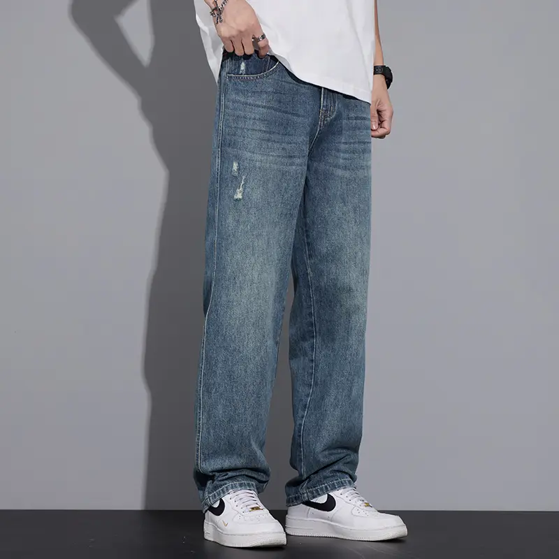 Men's Clothing Wide Pants Straight Loose Jeans Korean Personalized Cat Whisker Wash Fashion Baggy Denim Trousers Streetwear