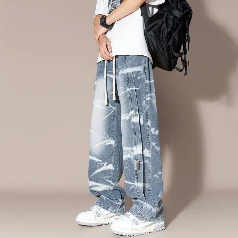 Loose Straight Cargo Jeans Men's New Stretch Waist Retro Blue Black Smoke Gray Jeans Fashion High Street Men's Pants 8XL-M