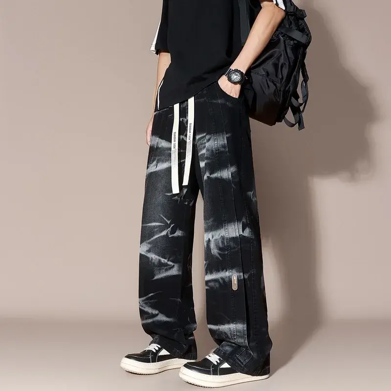 Loose Straight Cargo Jeans Men's New Stretch Waist Retro Blue Black Smoke Gray Jeans Fashion High Street Men's Pants 8XL-M