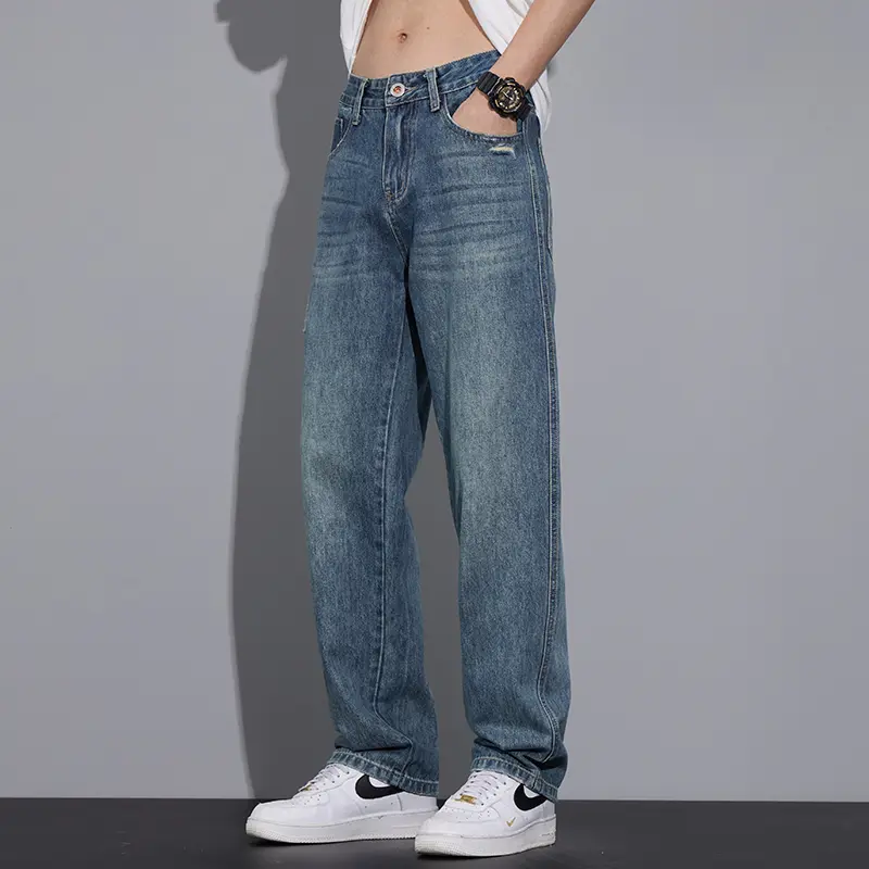 Men's Clothing Wide Pants Straight Loose Jeans Korean Personalized Cat Whisker Wash Fashion Baggy Denim Trousers Streetwear