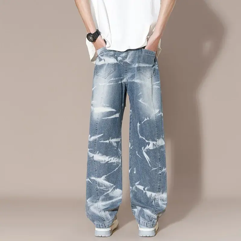 Loose Straight Cargo Jeans Men's New Stretch Waist Retro Blue Black Smoke Gray Jeans Fashion High Street Men's Pants 8XL-M
