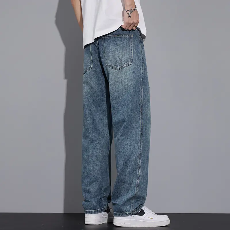 Men's Clothing Wide Pants Straight Loose Jeans Korean Personalized Cat Whisker Wash Fashion Baggy Denim Trousers Streetwear