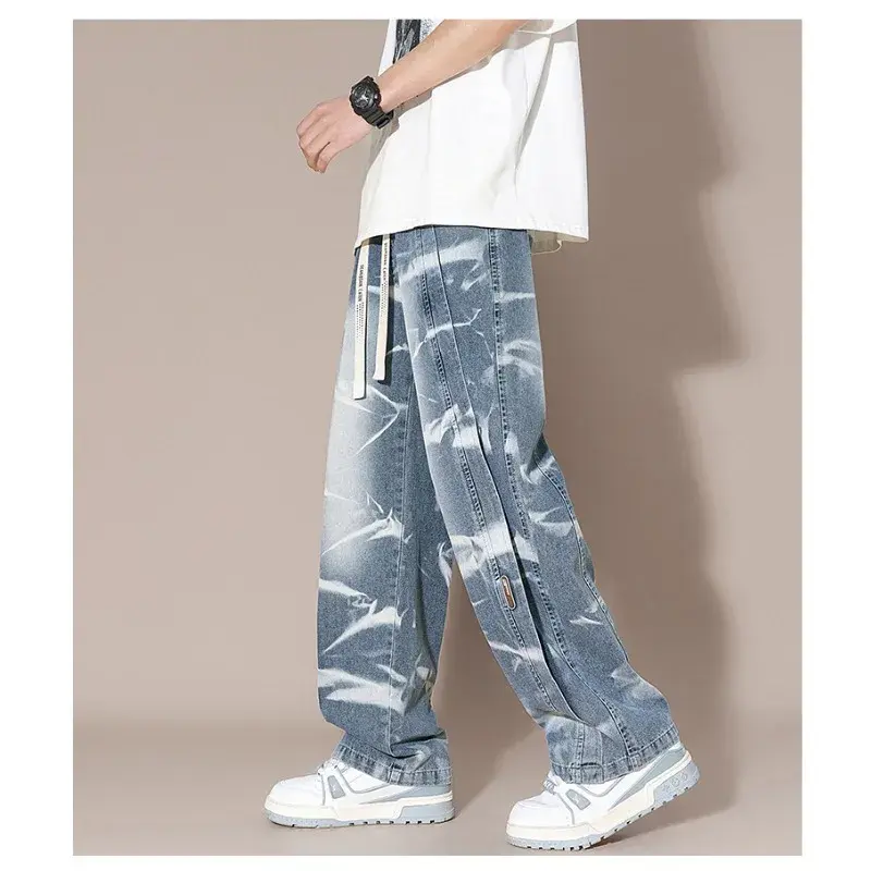 Loose Straight Cargo Jeans Men's New Stretch Waist Retro Blue Black Smoke Gray Jeans Fashion High Street Men's Pants 8XL-M