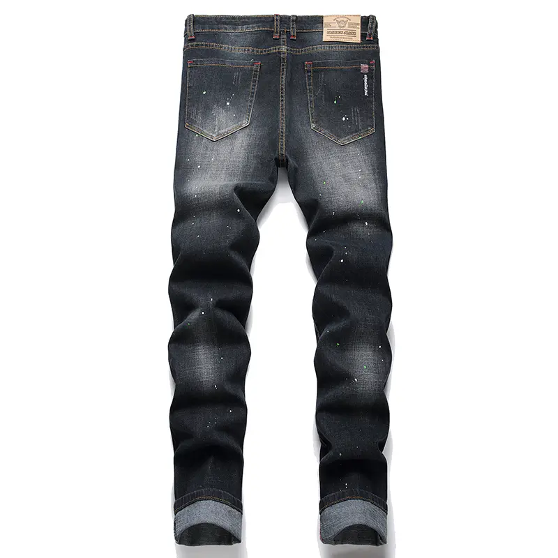 Male Trousers New Paint Spots Ripped Fashion Jeans Men's Splicing Stretch Slim Punk Denim Pants Personality Streetwear Men Jeans