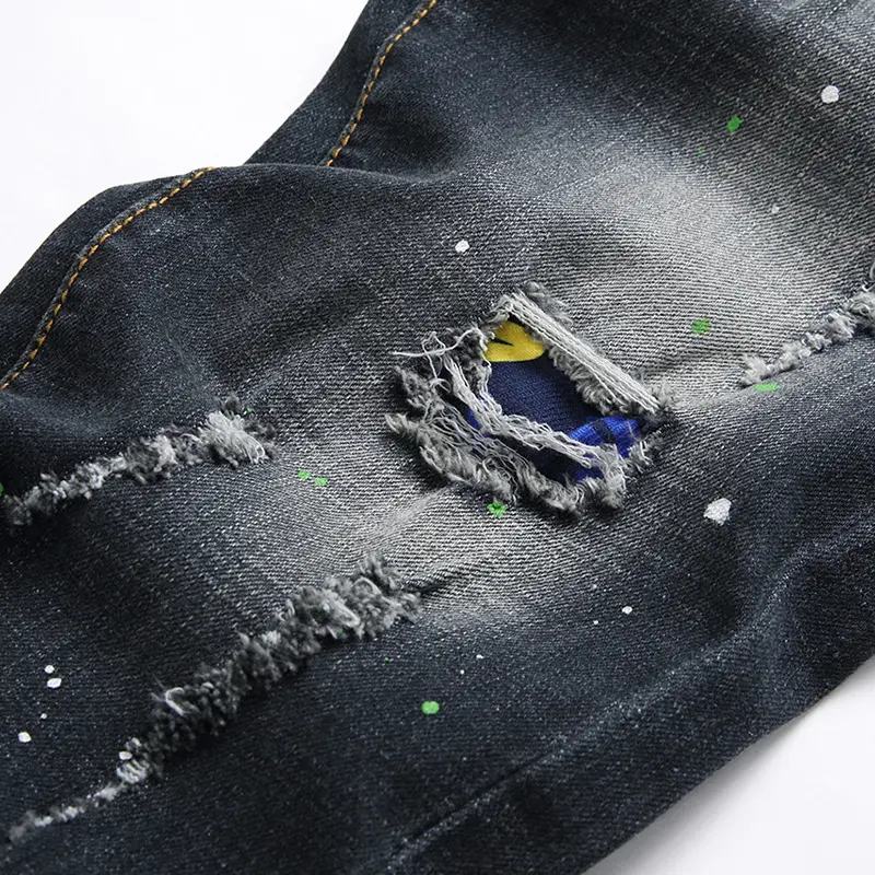 Male Trousers New Paint Spots Ripped Fashion Jeans Men's Splicing Stretch Slim Punk Denim Pants Personality Streetwear Men Jeans