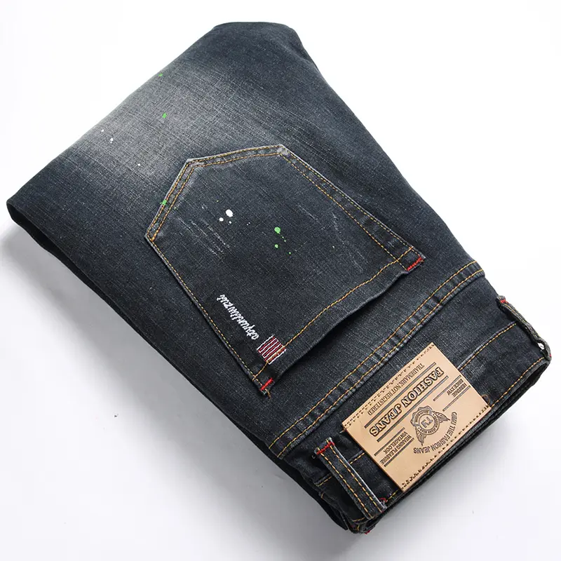 Male Trousers New Paint Spots Ripped Fashion Jeans Men's Splicing Stretch Slim Punk Denim Pants Personality Streetwear Men Jeans