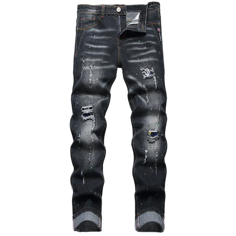 Male Trousers New Paint Spots Ripped Fashion Jeans Men's Splicing Stretch Slim Punk Denim Pants Personality Streetwear Men Jeans
