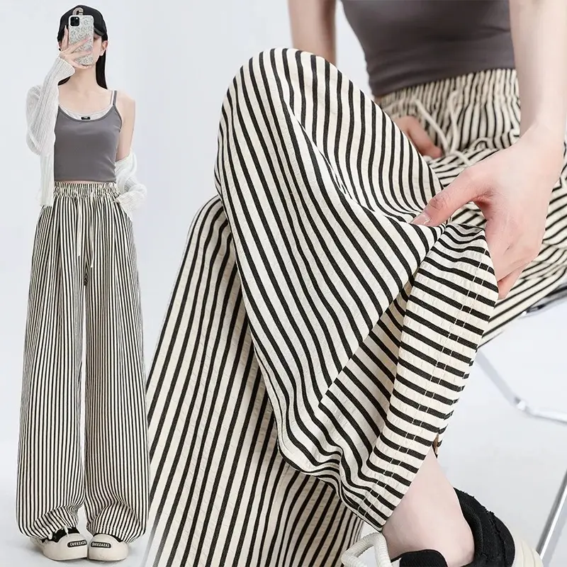 Women's Wide Leg Pants High Waist Loose Fit Striped Casual Street Style Fashionable Long Trousers Women Summer New Streetwear