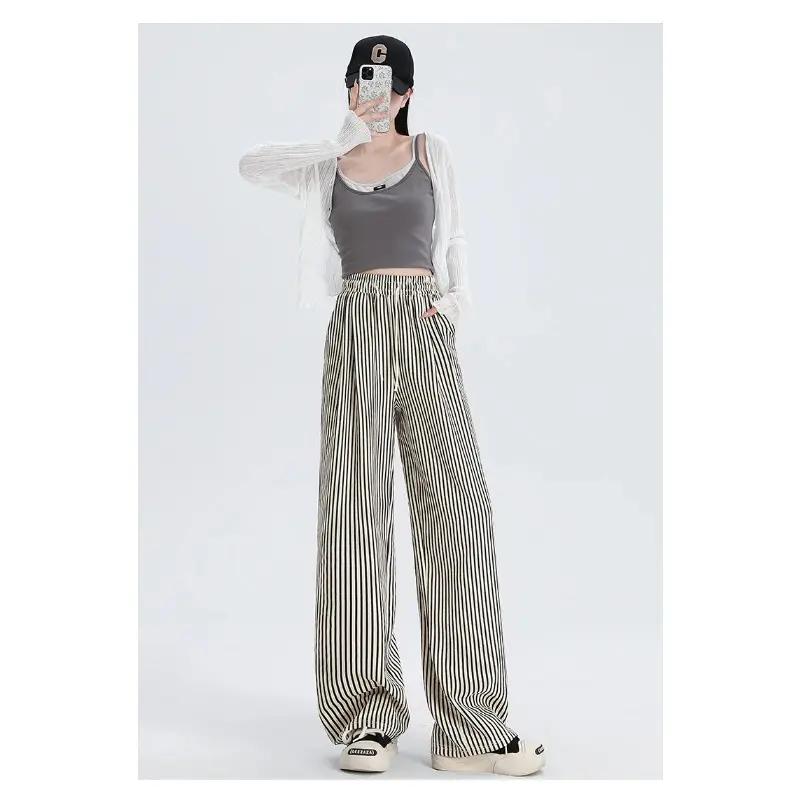 Women's Wide Leg Pants High Waist Loose Fit Striped Casual Street Style Fashionable Long Trousers Women Summer New Streetwear