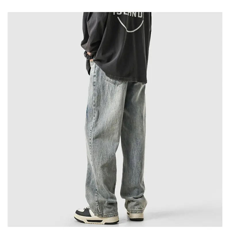 Men Wide Leg Jeans Retro Loose Streetwear Fashion Korean Straight Washed Denim Trousers High Quality Brand Clothes Cotton Baggy