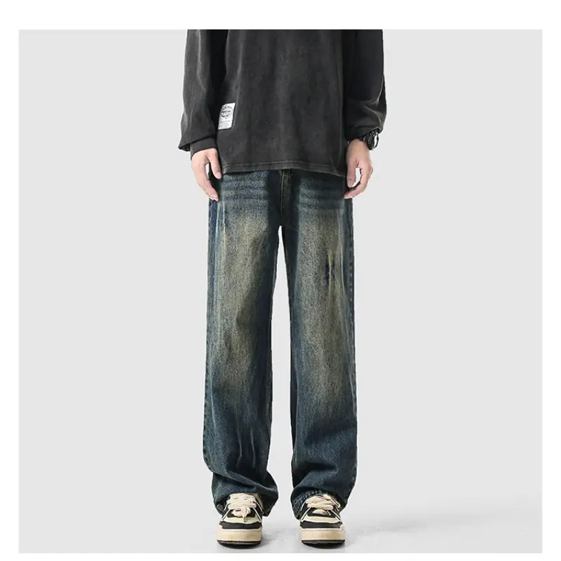 Men Wide Leg Jeans Retro Loose Streetwear Fashion Korean Straight Washed Denim Trousers High Quality Brand Clothes Cotton Baggy