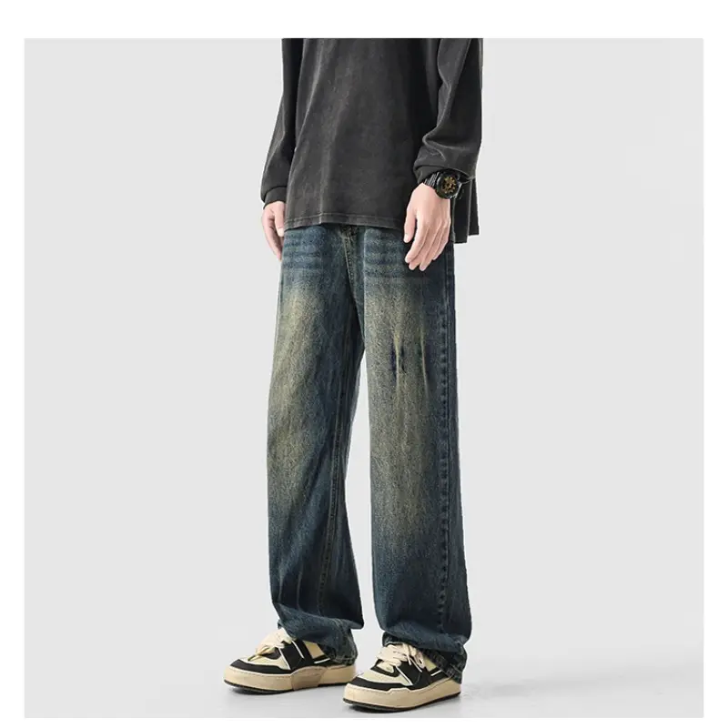 Men Wide Leg Jeans Retro Loose Streetwear Fashion Korean Straight Washed Denim Trousers High Quality Brand Clothes Cotton Baggy