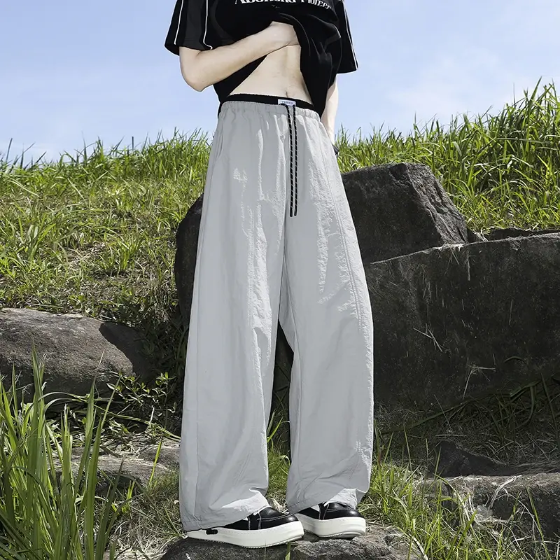 Summer Wide Men Pants  New Loose Fasionable  Texture Color Block Ice Silk Sports Casual Loose Slimming Design Long Trousers