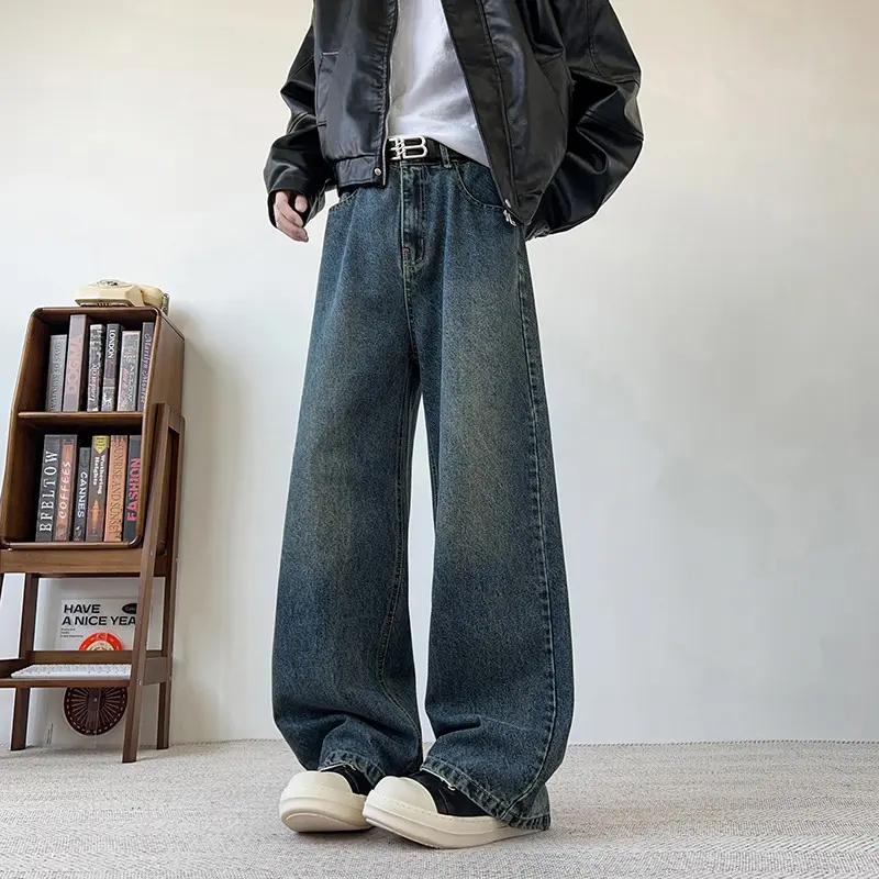 Men's Wide Leg Curved-Knife Jeans Summer American Bamboo Pattern Striped Texture Design Men Trendy Denim Pants 2025 Baggy Jeans