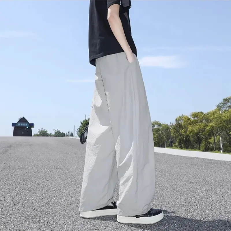 Summer Wide Men Pants  New Loose Fasionable  Texture Color Block Ice Silk Sports Casual Loose Slimming Design Long Trousers