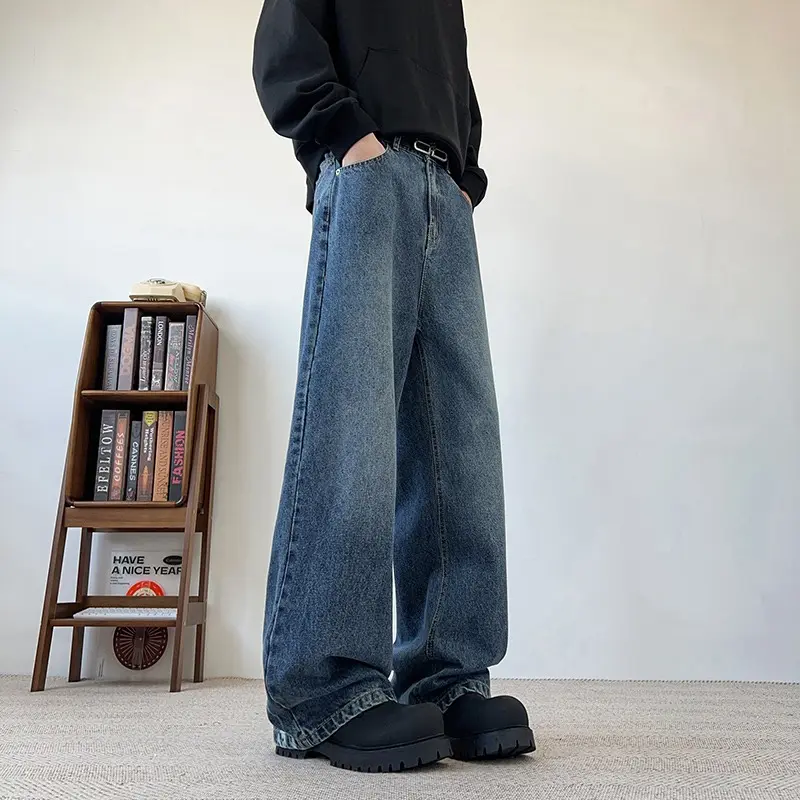 Men's Wide Leg Curved-Knife Jeans Summer American Bamboo Pattern Striped Texture Design Men Trendy Denim Pants 2025 Baggy Jeans
