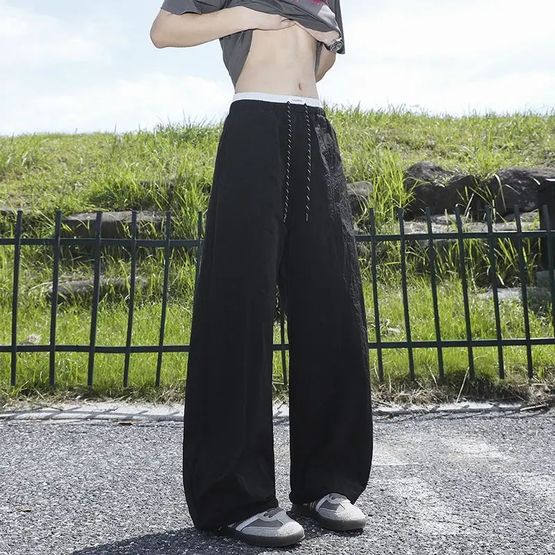Summer Wide Men Pants  New Loose Fasionable  Texture Color Block Ice Silk Sports Casual Loose Slimming Design Long Trousers
