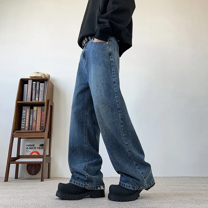 Men's Wide Leg Curved-Knife Jeans Summer American Bamboo Pattern Striped Texture Design Men Trendy Denim Pants 2025 Baggy Jeans