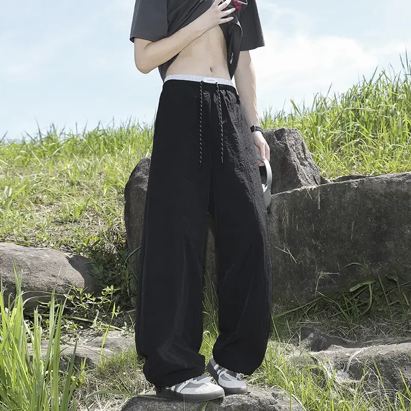 Summer Wide Men Pants  New Loose Fasionable  Texture Color Block Ice Silk Sports Casual Loose Slimming Design Long Trousers