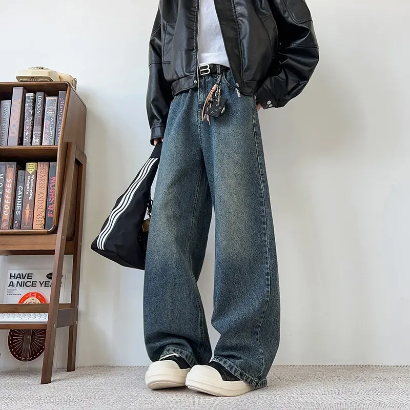 Men's Wide Leg Curved-Knife Jeans Summer American Bamboo Pattern Striped Texture Design Men Trendy Denim Pants 2025 Baggy Jeans