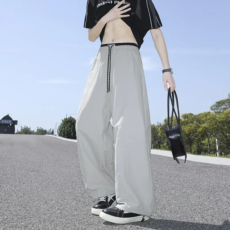 Summer Wide Men Pants  New Loose Fasionable  Texture Color Block Ice Silk Sports Casual Loose Slimming Design Long Trousers