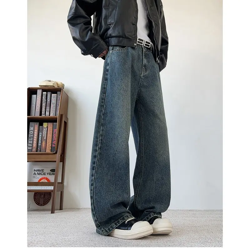 Men's Wide Leg Curved-Knife Jeans Summer American Bamboo Pattern Striped Texture Design Men Trendy Denim Pants 2025 Baggy Jeans